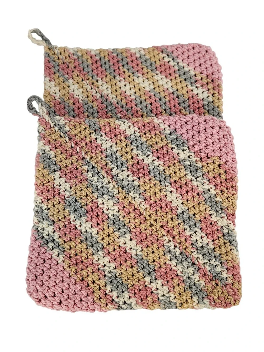 Crochet Potholder Set: Antique Pink With Rosy Cheeks Contrast Stripe